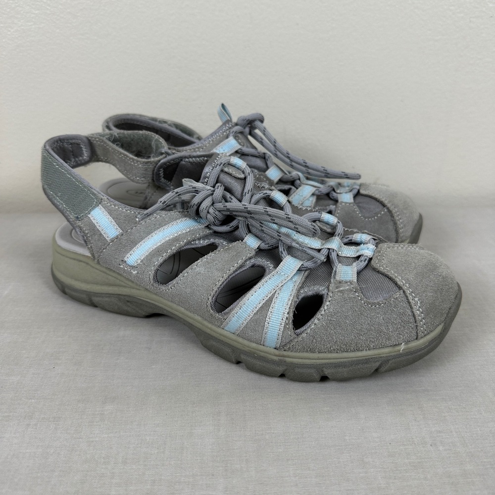 Lands' End Womens 8D Sandals Gray Suede Mesh Bungee Lace Sporty Outdoors